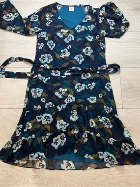 CAbi Navy Floral Tiered Dress with Puff Sleeves and Belt